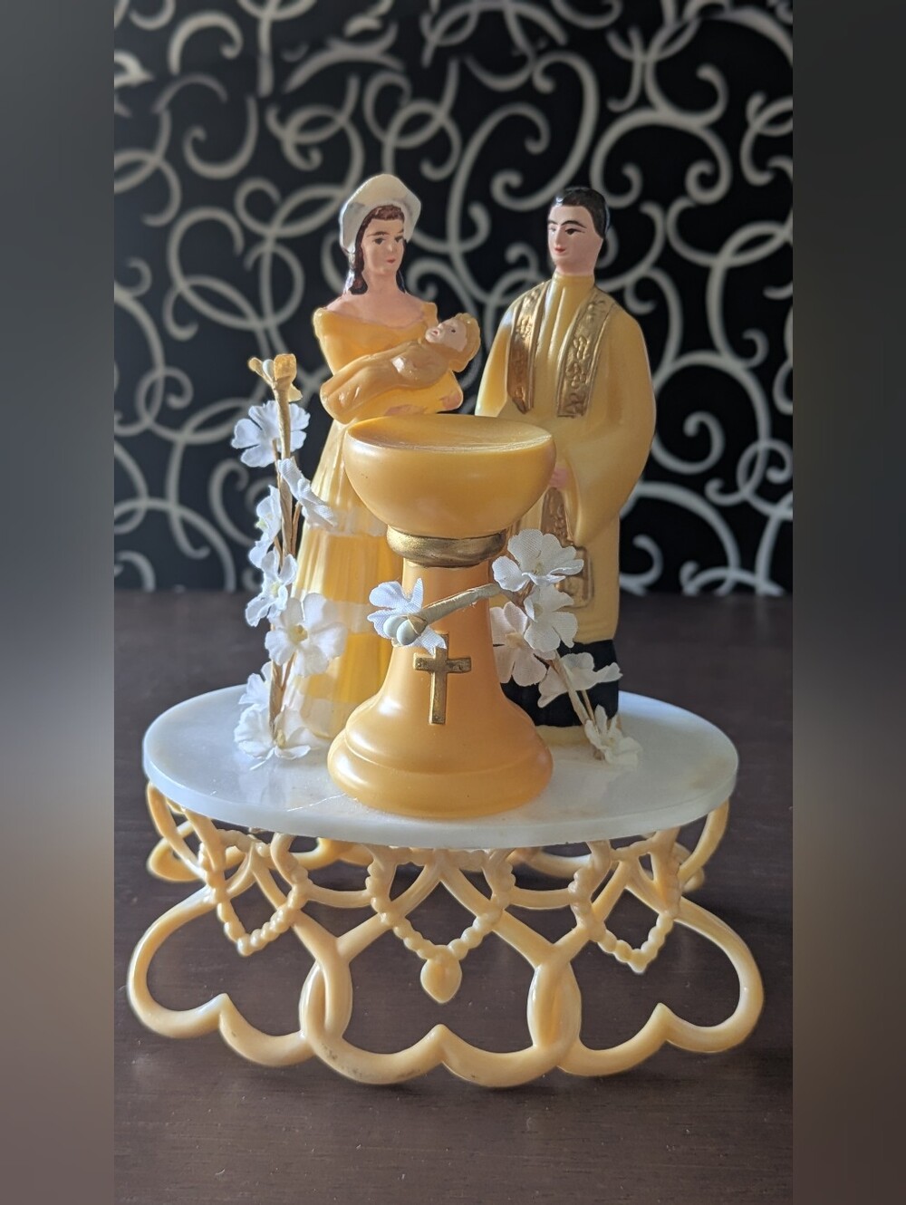 Vintage 1960s Plastic Baptism Cake Topper Priest Mother Baby Font Cross